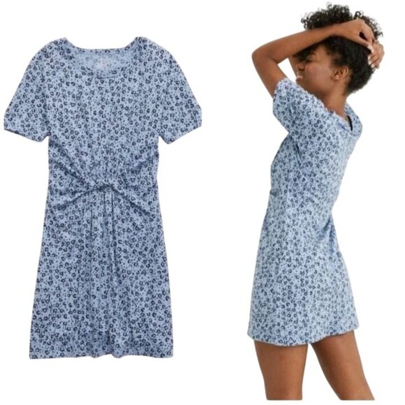 NEW Aerie Blue Heart Leopard Print T-shirt Dress Knot Front‎ Size S - Picture 1 of 11